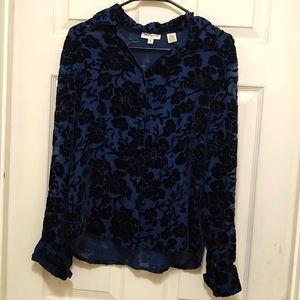 Ann Taylor Velour & Sheer Floral Design, Blue Long Sleeve Blouse